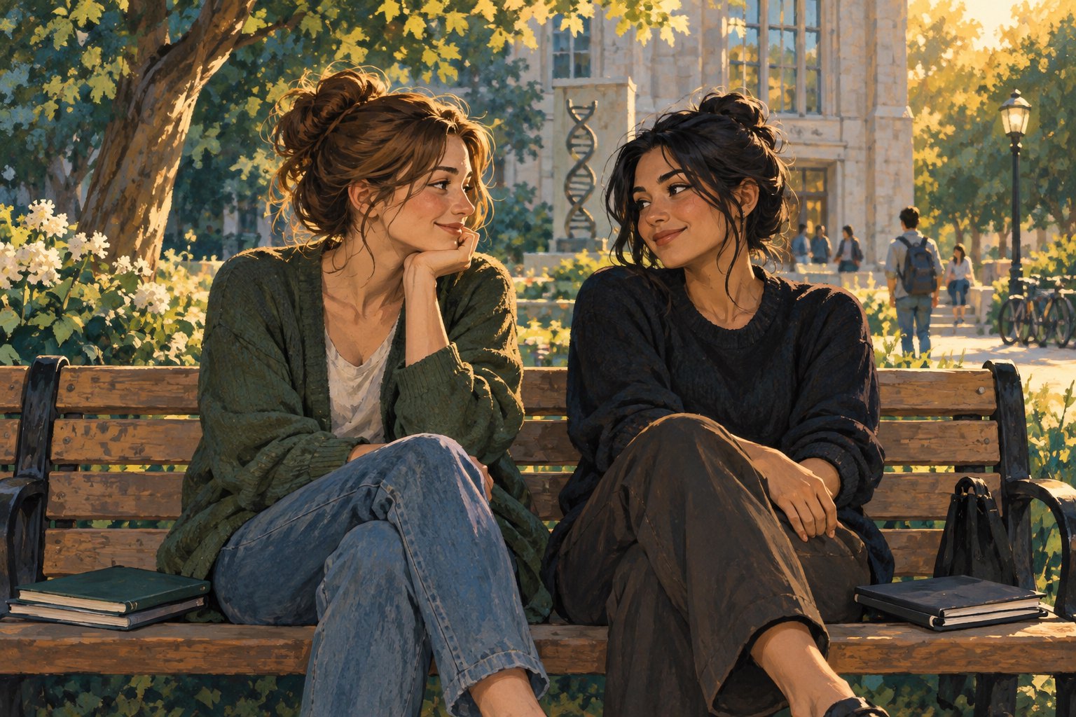 Editorial illustration of two female graduate students sharing a quiet moment on a sunlit campus bench.
