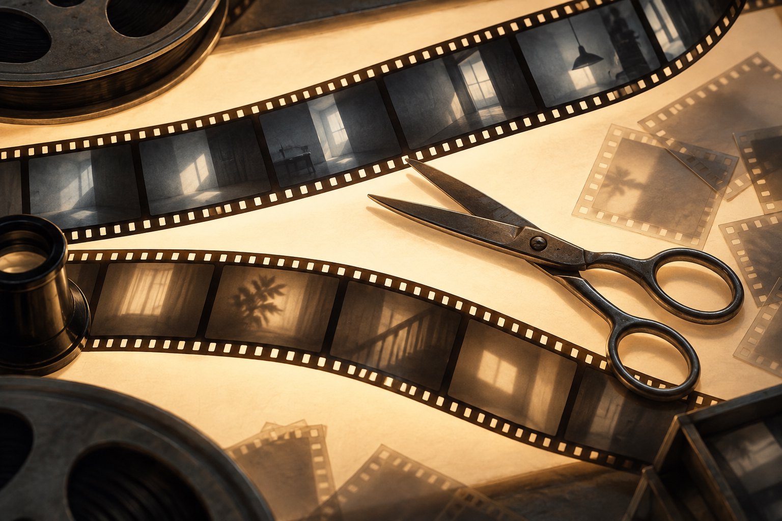 Conceptual illustration of film strips and editing scissors on an illuminated table, representing how editing shapes a screen portrait.