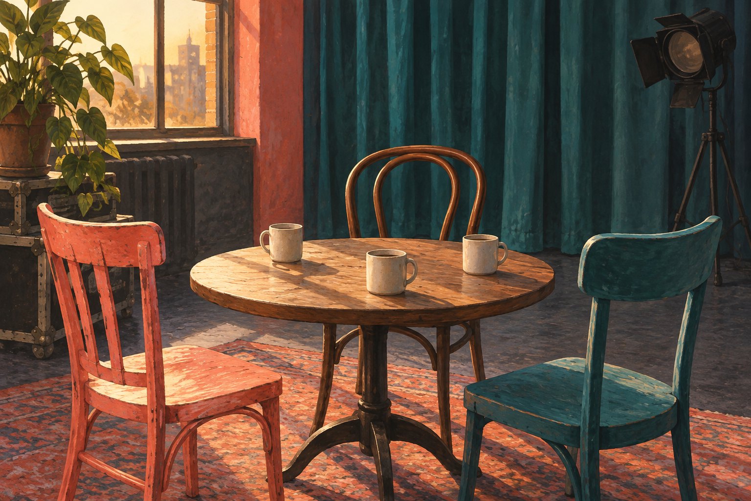 Conceptual illustration of three empty chairs and coffee cups around a rehearsal table beside teal curtains and a theatrical spotlight.