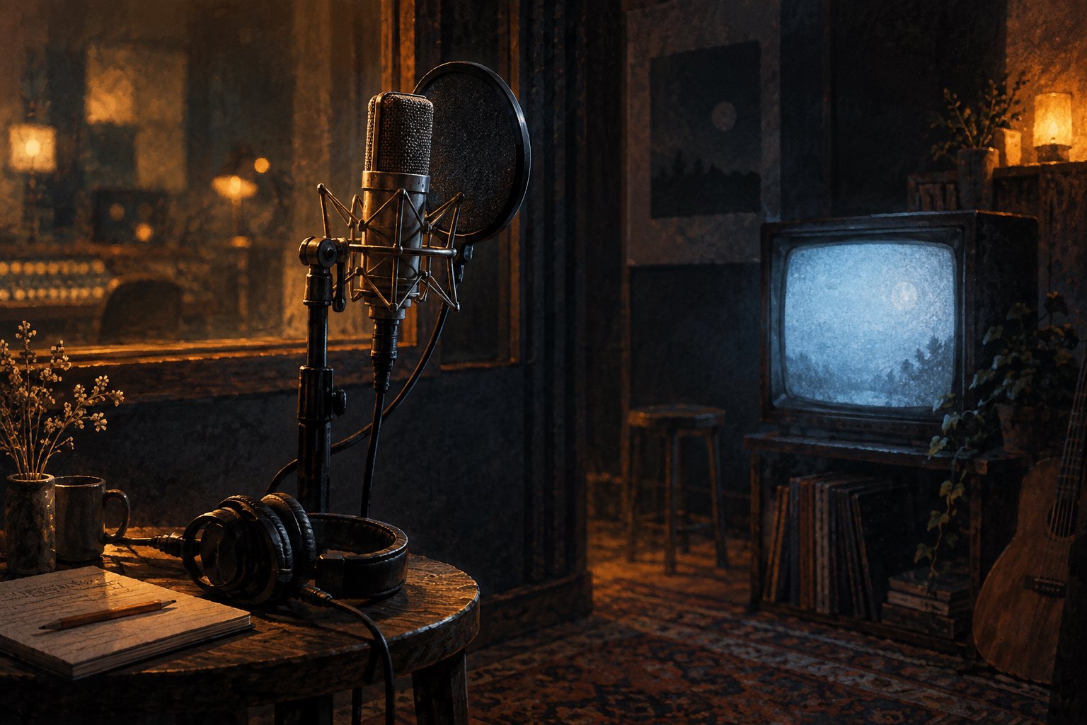 Conceptual illustration of a studio microphone and headphones beside a glowing vintage television in a dim recording room.