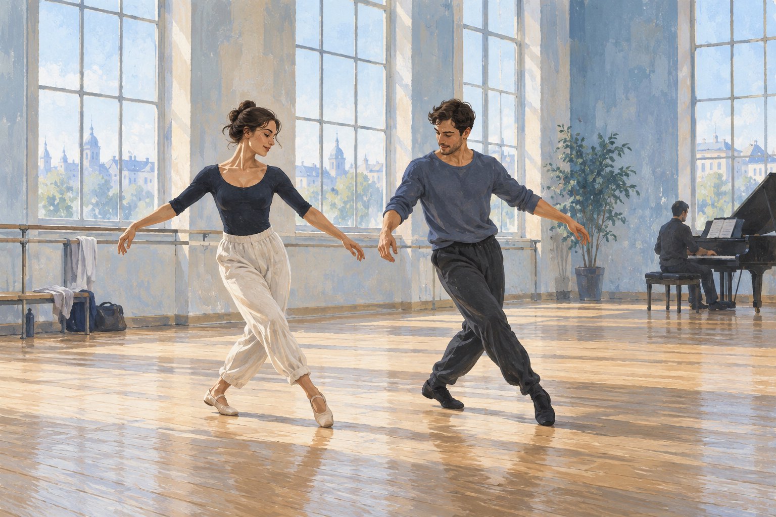 Conceptual illustration of two dancers practicing together in a sunlit studio while a pianist accompanies them.
