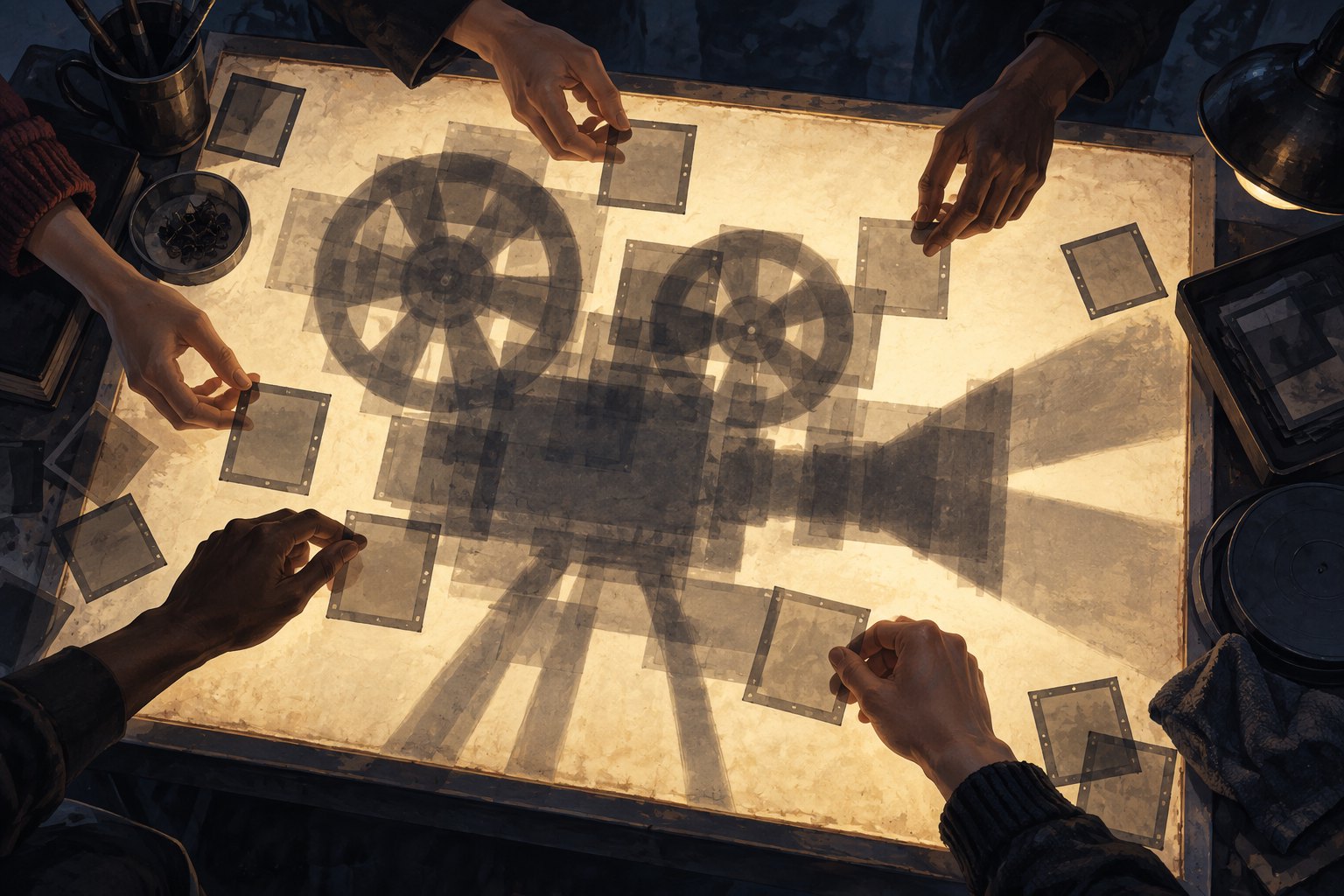 Hands arrange translucent frames on an illuminated table, forming the shadow of a movie projector.