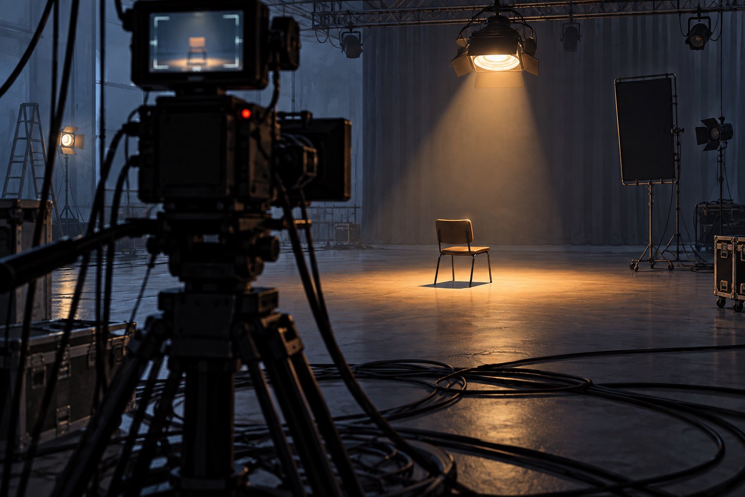 An editorial illustration of a television camera facing an empty chair beneath a warm spotlight on a dark production set.