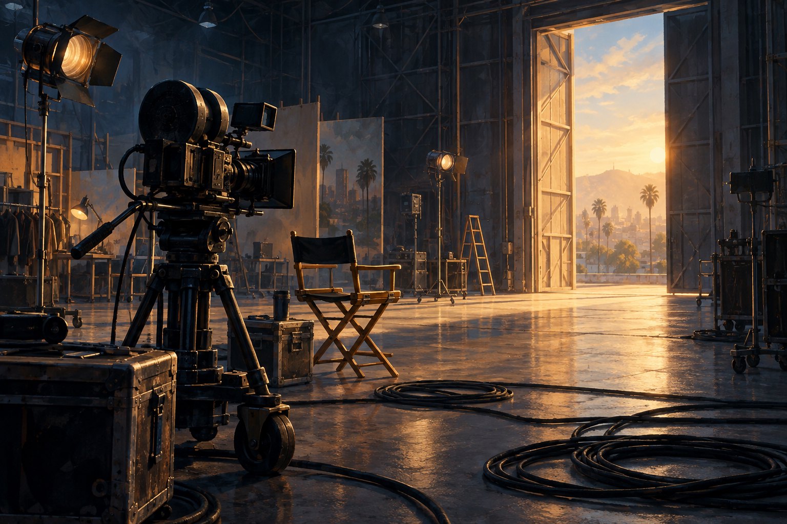 Editorial illustration of a movie camera and empty director’s chair inside a soundstage filled with warm light from an open doorway.