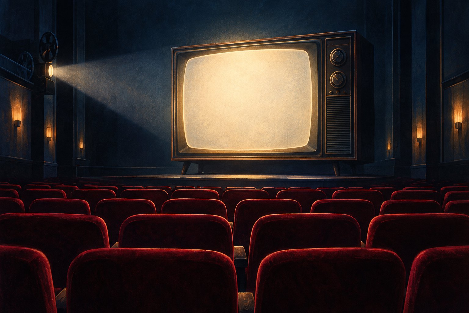 Conceptual illustration of a glowing vintage television facing rows of empty red cinema seats.