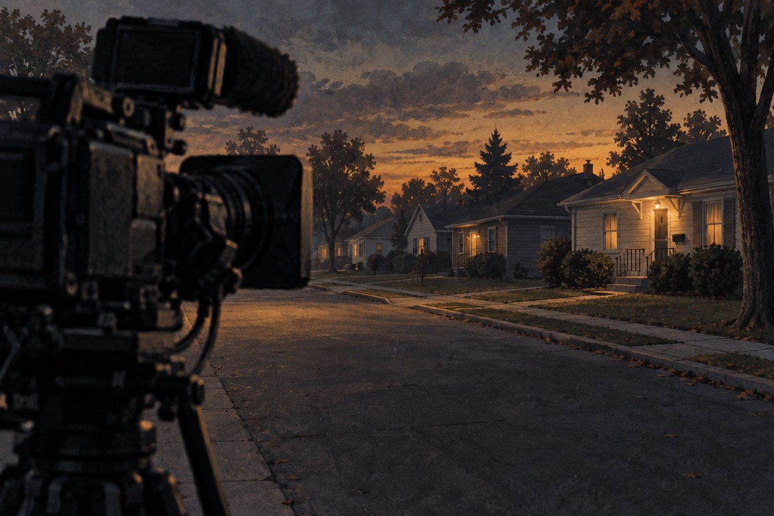 Editorial illustration of a television camera facing a quiet suburban street at dusk.
