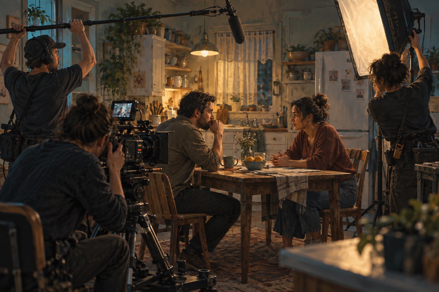 Editorial illustration of a film crew operating a camera, boom microphone, and light while two performers rehearse a kitchen scene.
