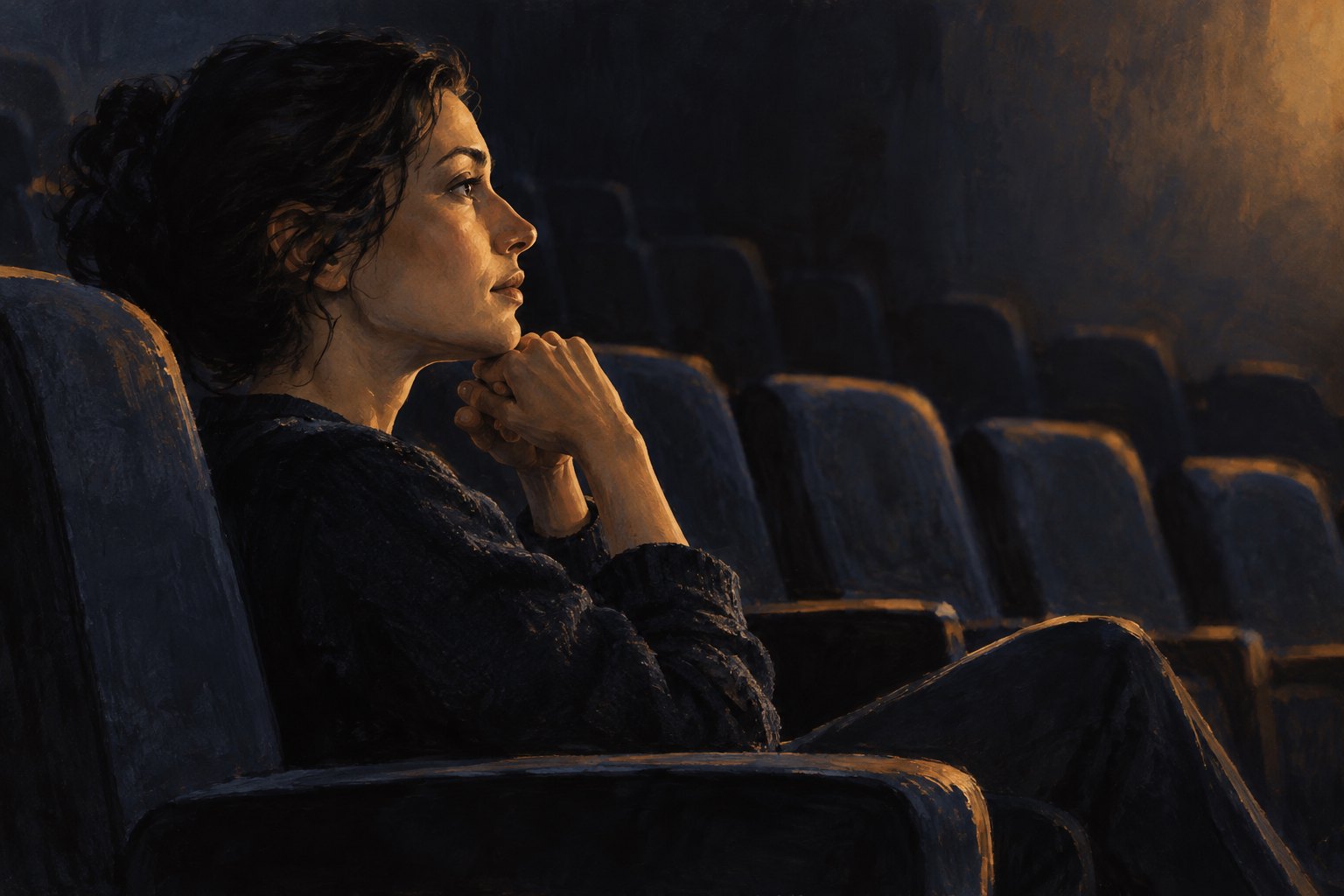 Conceptual illustration of a thoughtful viewer resting her chin on clasped hands in a dim cinema.