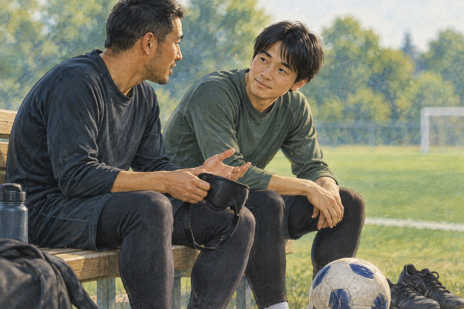 两名队友在场边长凳上交谈，一人手持运动眼罩的主题插画，非影片剧照