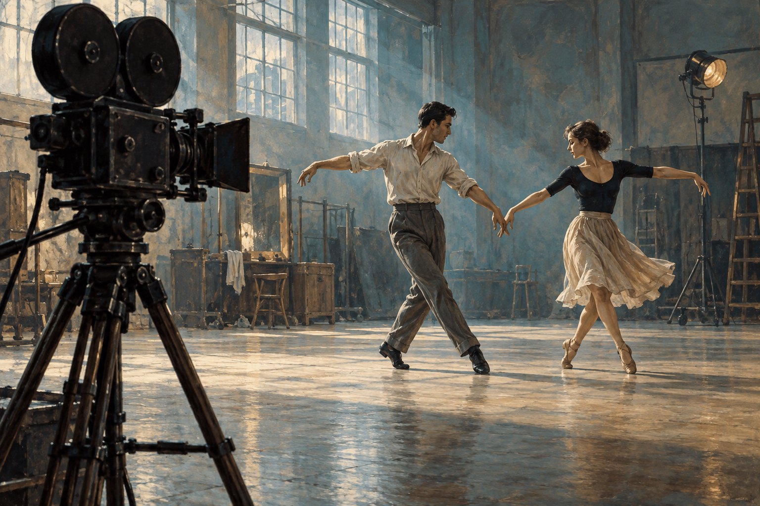 Conceptual illustration of two dancers rehearsing on a sunlit soundstage while a vintage movie camera frames their full bodies.