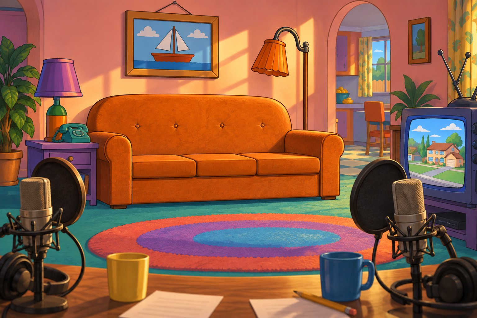 An illustrated orange living-room sofa and vintage television framed by two recording microphones.