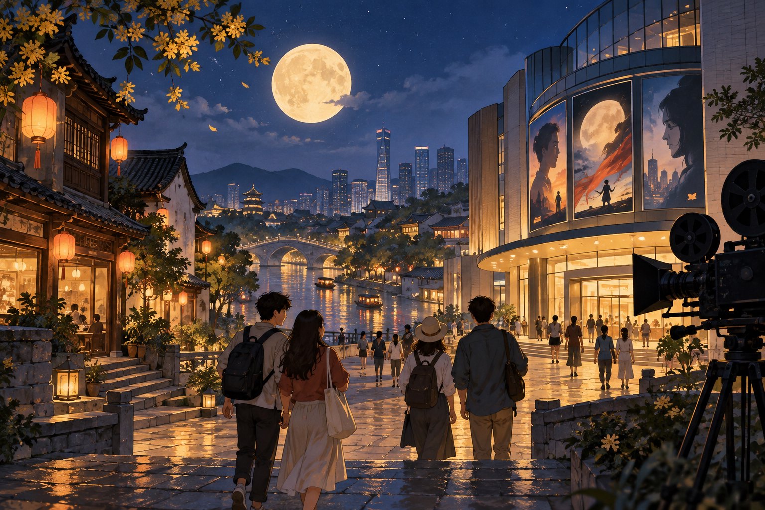 中秋月色下,游客漫步于老街与现代影院相连的空间,旁侧点缀摄影机元素的概念插画