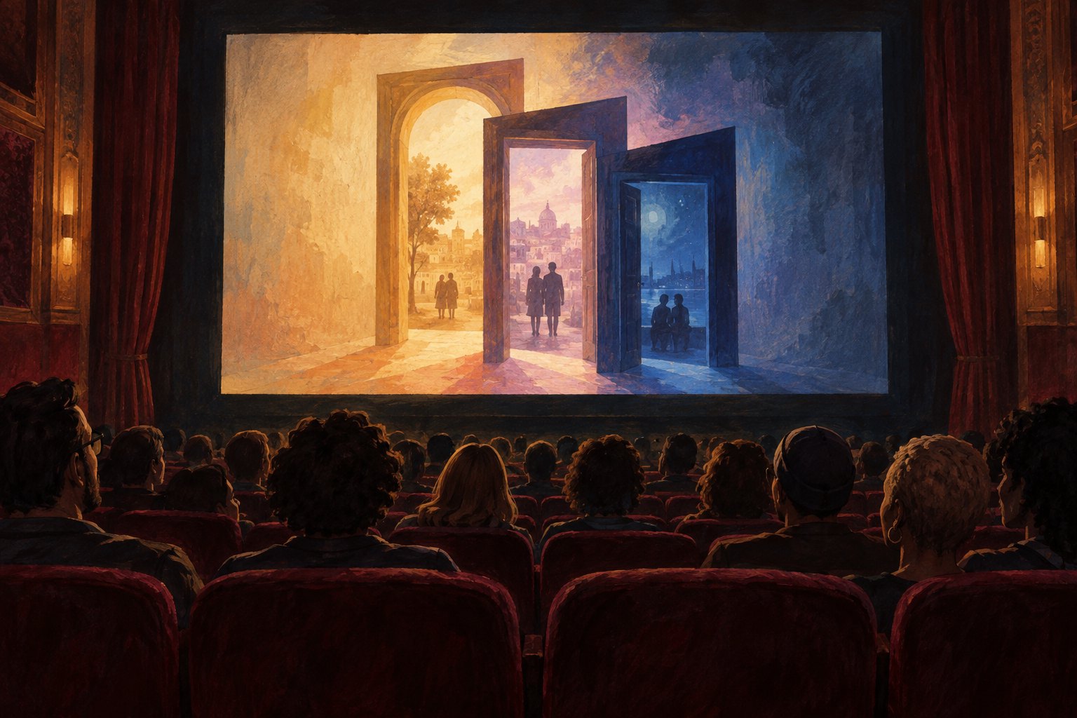 Painterly illustration of a theater audience facing a screen with three illuminated doorways representing different generations.