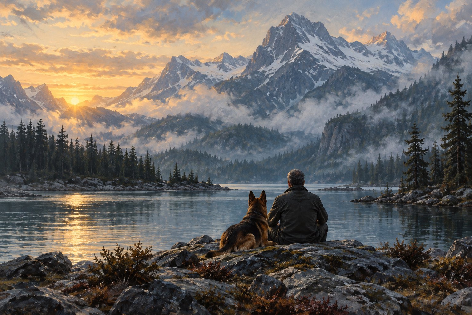 Painterly illustration of a man and a German Shepherd sitting beside a mountain lake at sunrise.