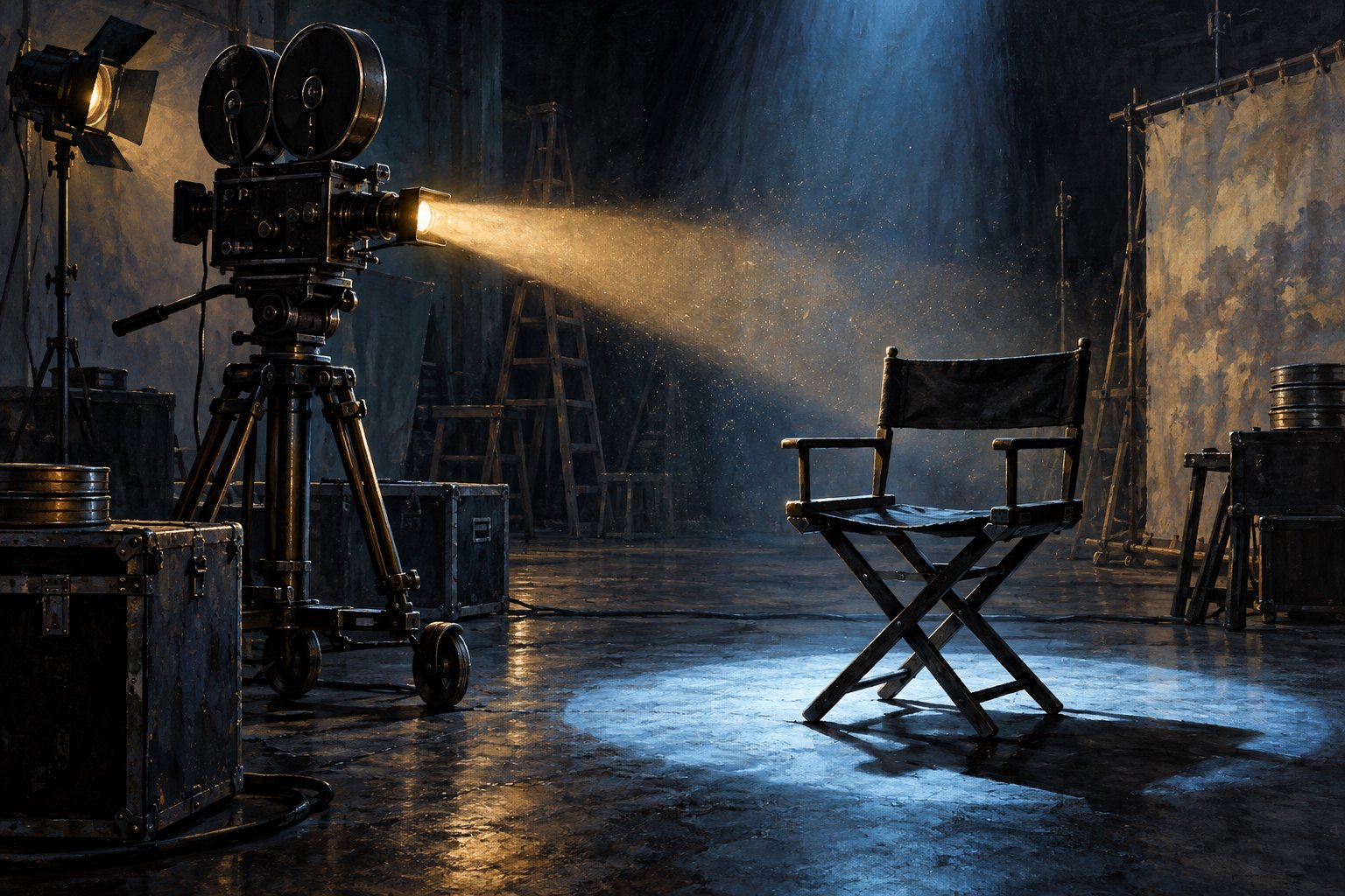 Painterly illustration of a vintage movie camera casting a warm beam beside an empty director’s chair in a dark studio.