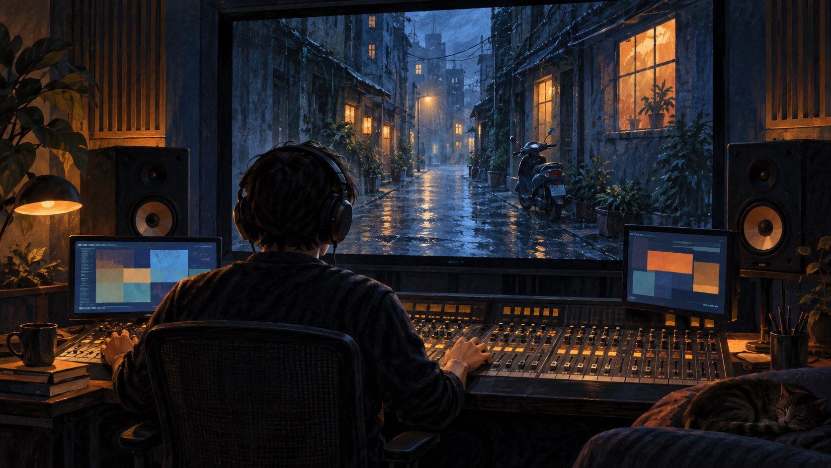 聲音工作者在混音室處理雨夜巷弄影像的聲音，呈現電影幕後製作的原創概念插畫
