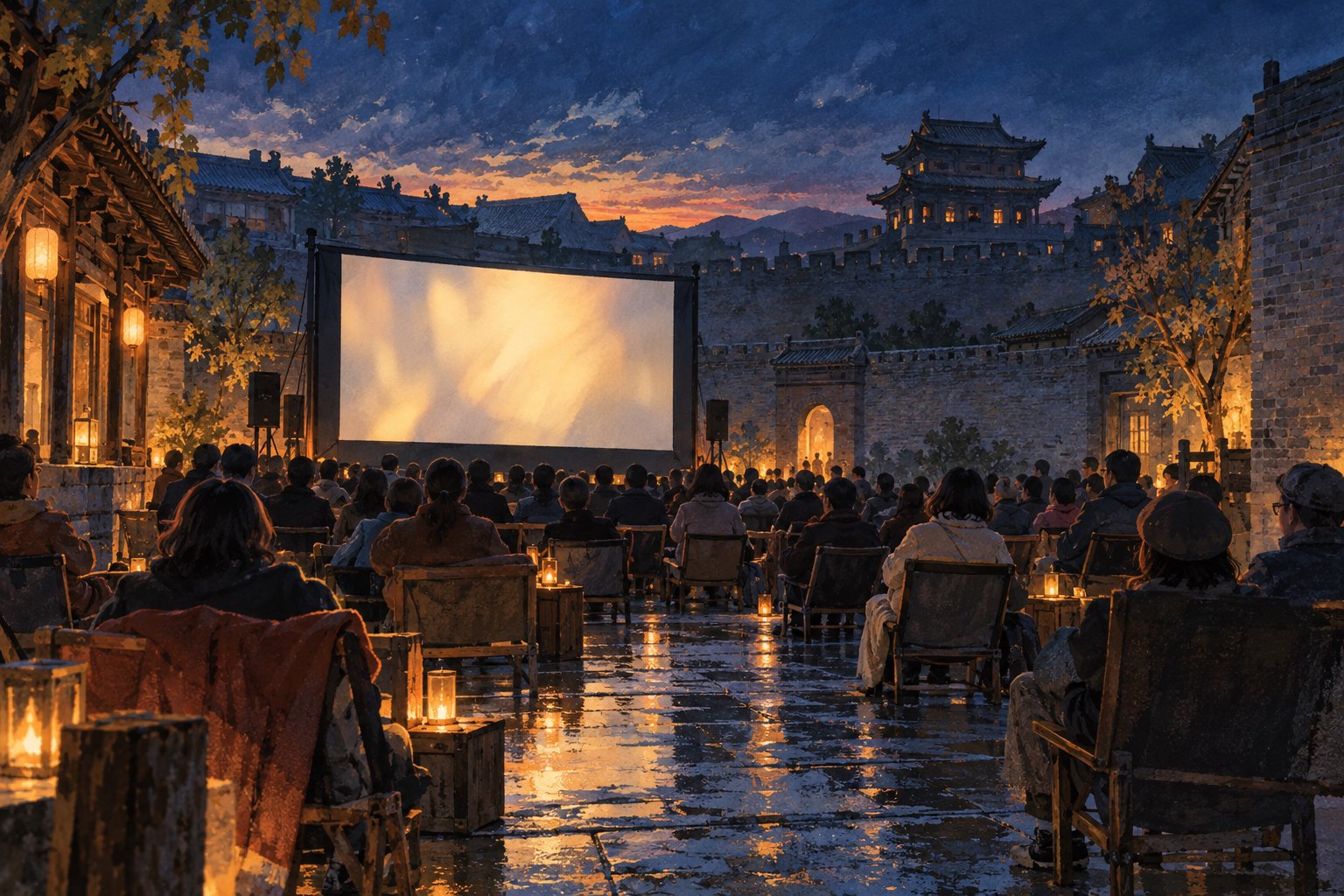 古城院落中观众面向露天银幕,暮色与灯光映在雨后地面上的概念插画