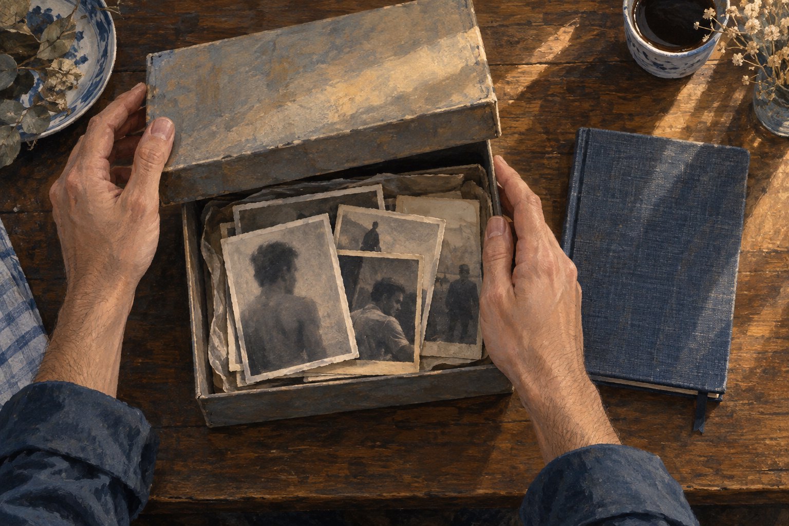Conceptual illustration of hands opening a box of faded portraits beside a worn notebook, evoking inherited memory.