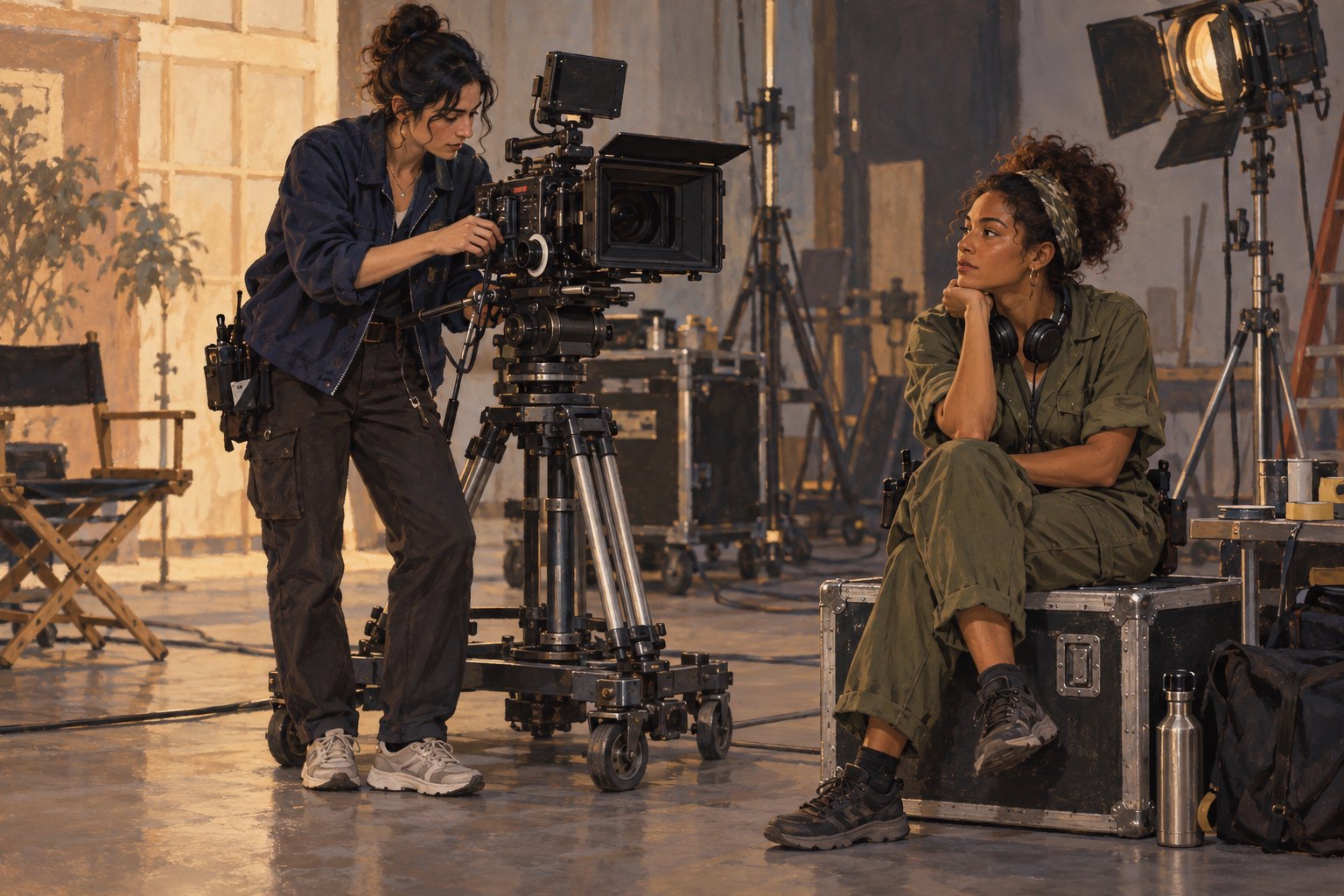 Editorial illustration of two women in practical work clothes beside a cinema camera on a warmly lit film set.