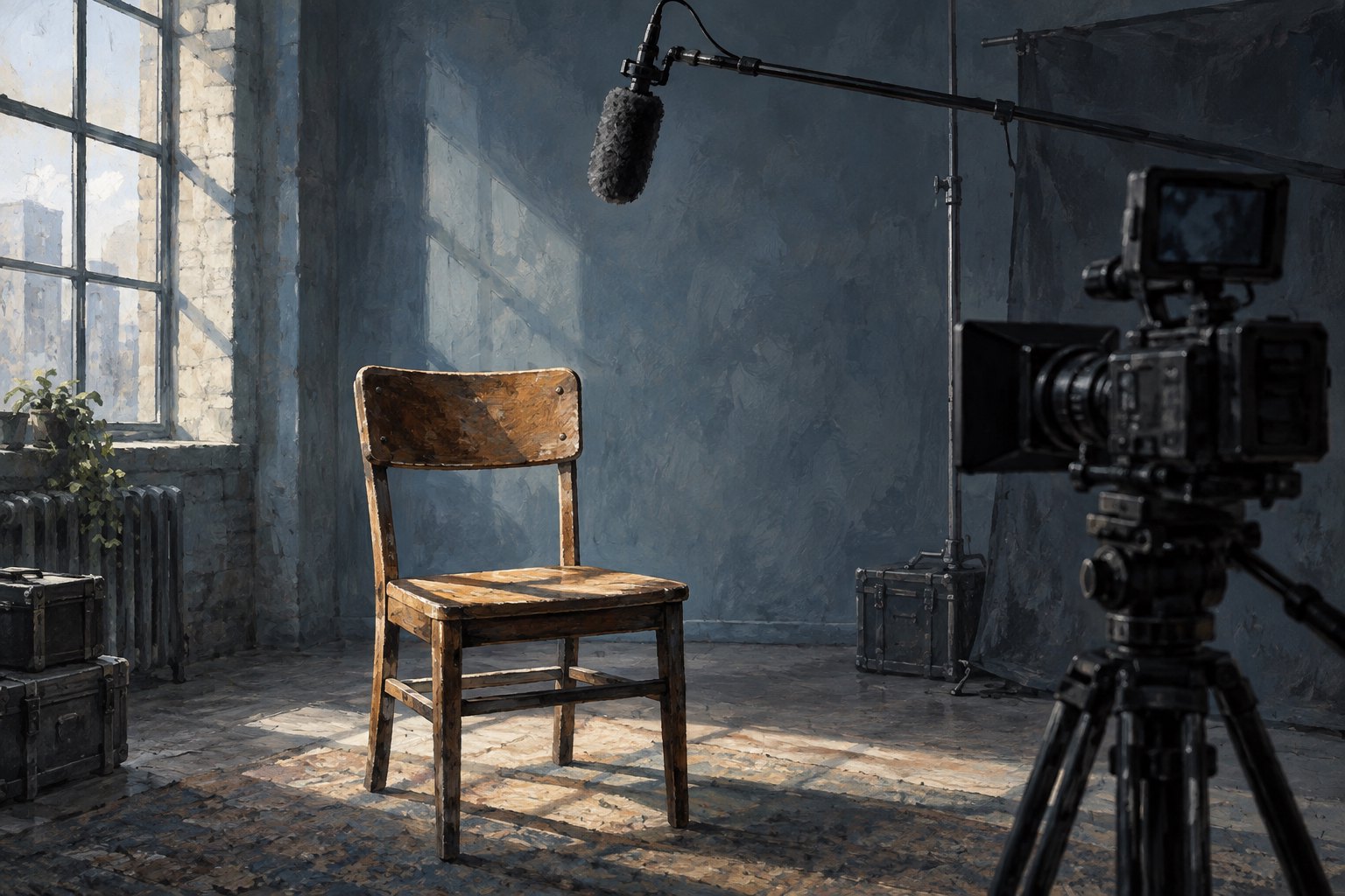 Conceptual illustration of an empty wooden interview chair facing a camera beneath a boom microphone.