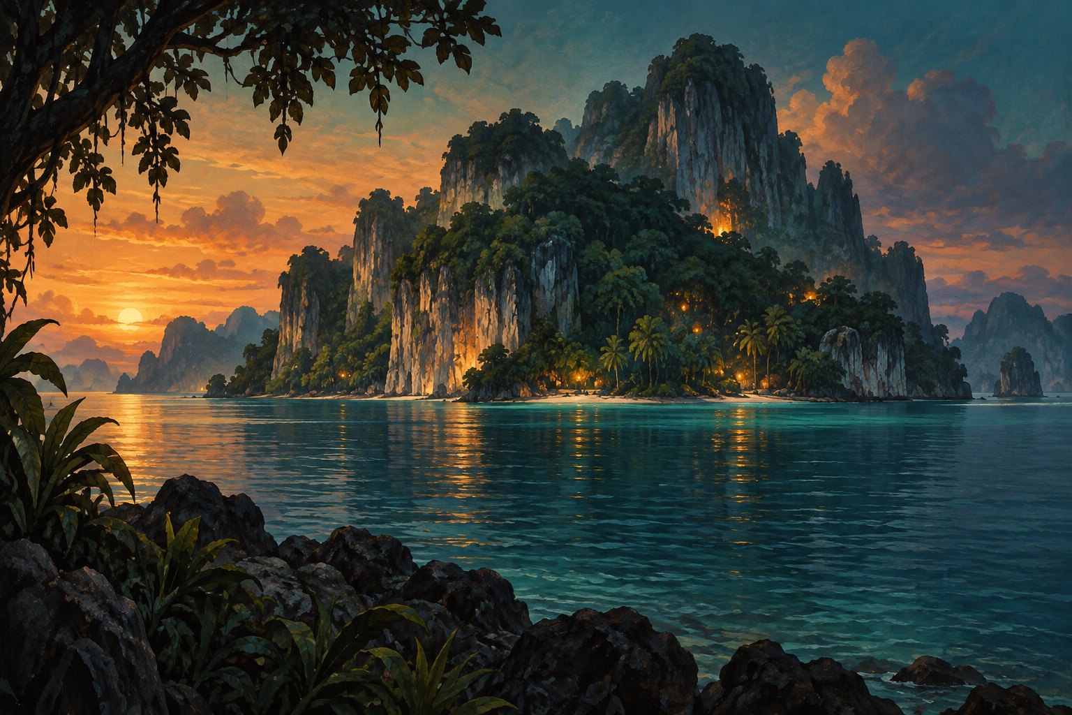 Conceptual illustration of a forested tropical island with limestone cliffs and warm lights reflected in a bay at sunset.