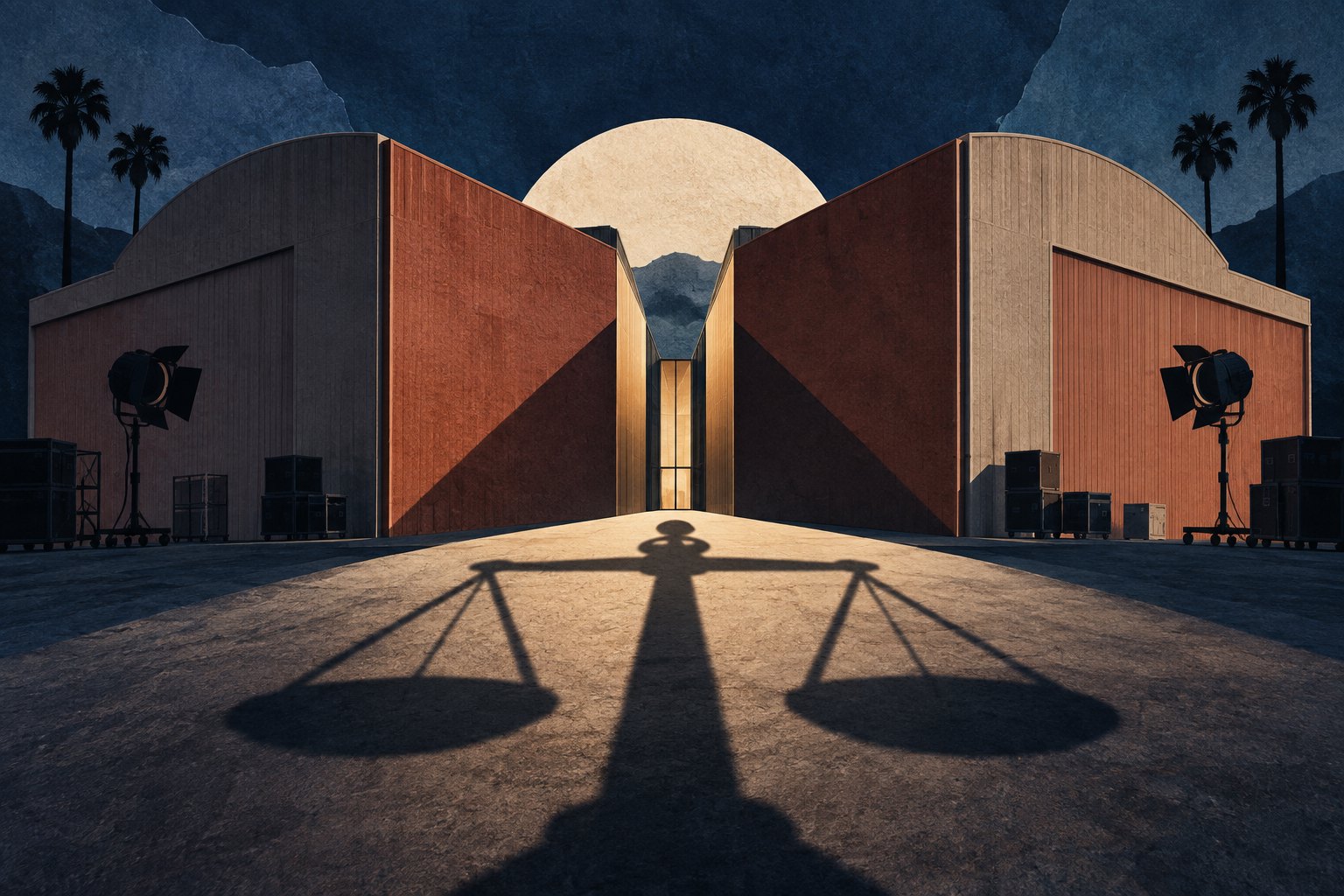 Conceptual illustration of two studio buildings converging toward a narrow entrance beneath the shadow of a balance scale.