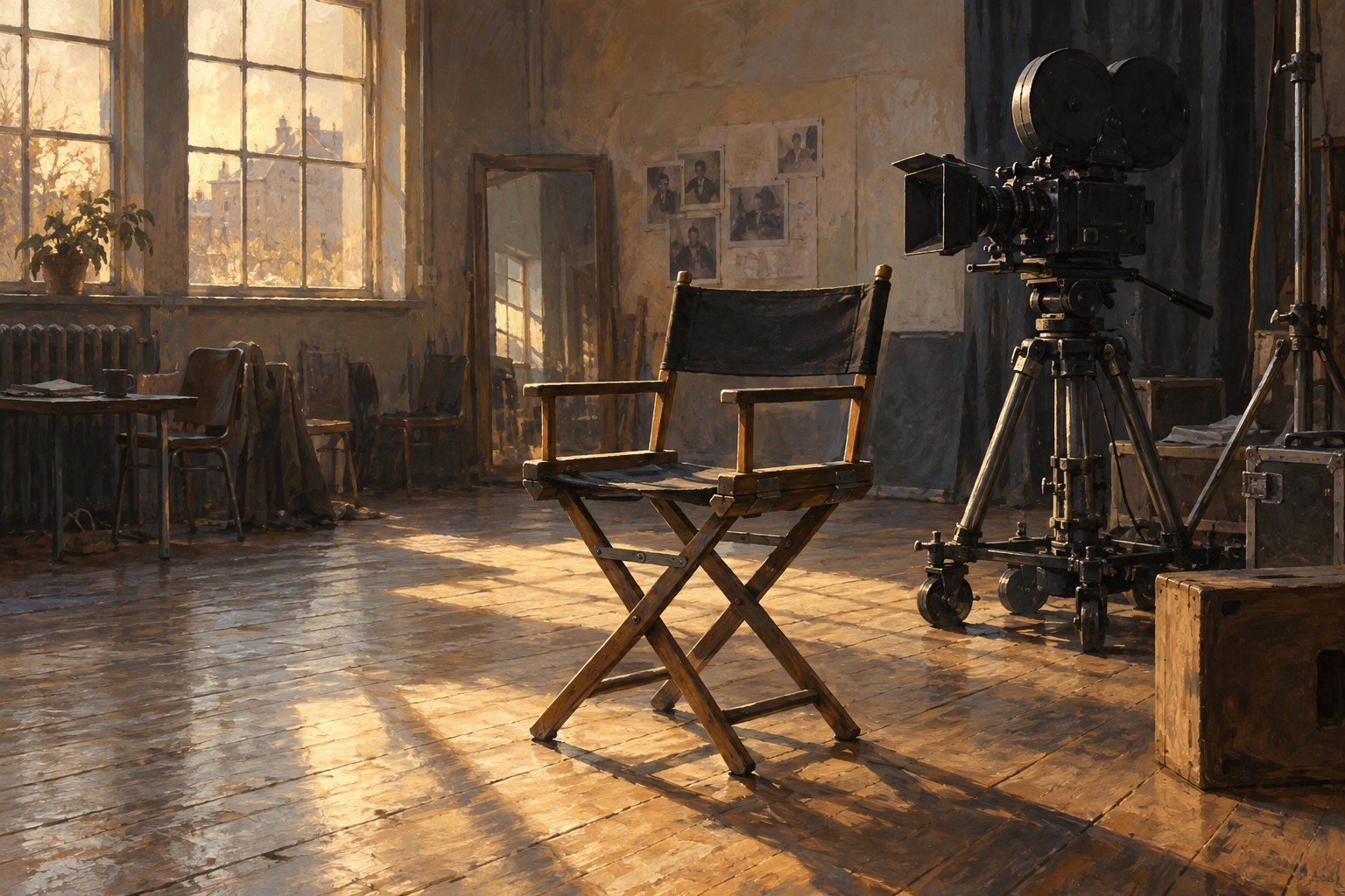 Conceptual illustration of an empty director’s chair beside a movie camera in a sunlit rehearsal studio.