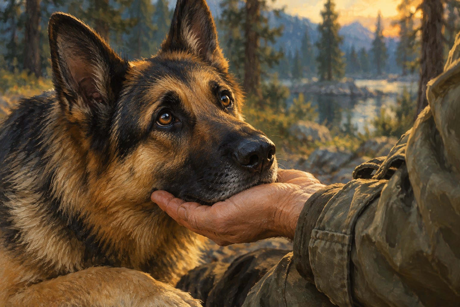 Painterly illustration of a German Shepherd resting its chin in a man's open hand against a softly lit forest.