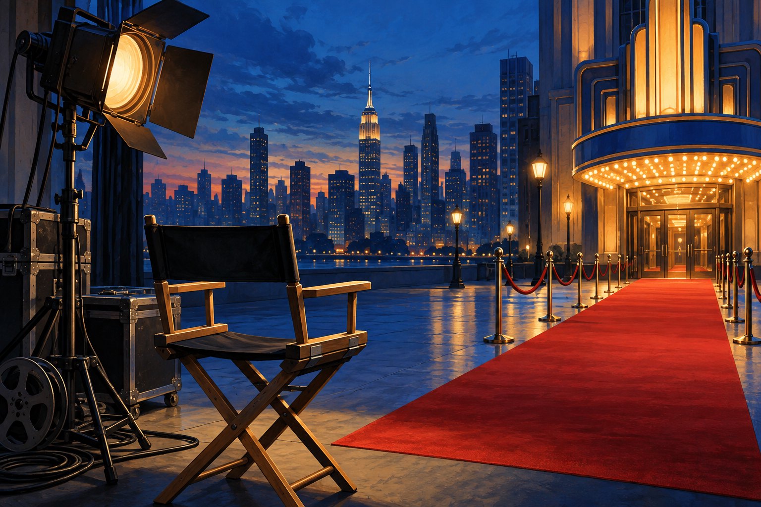 Conceptual illustration of an empty director’s chair beside a red carpet leading toward a New York theater at dusk.