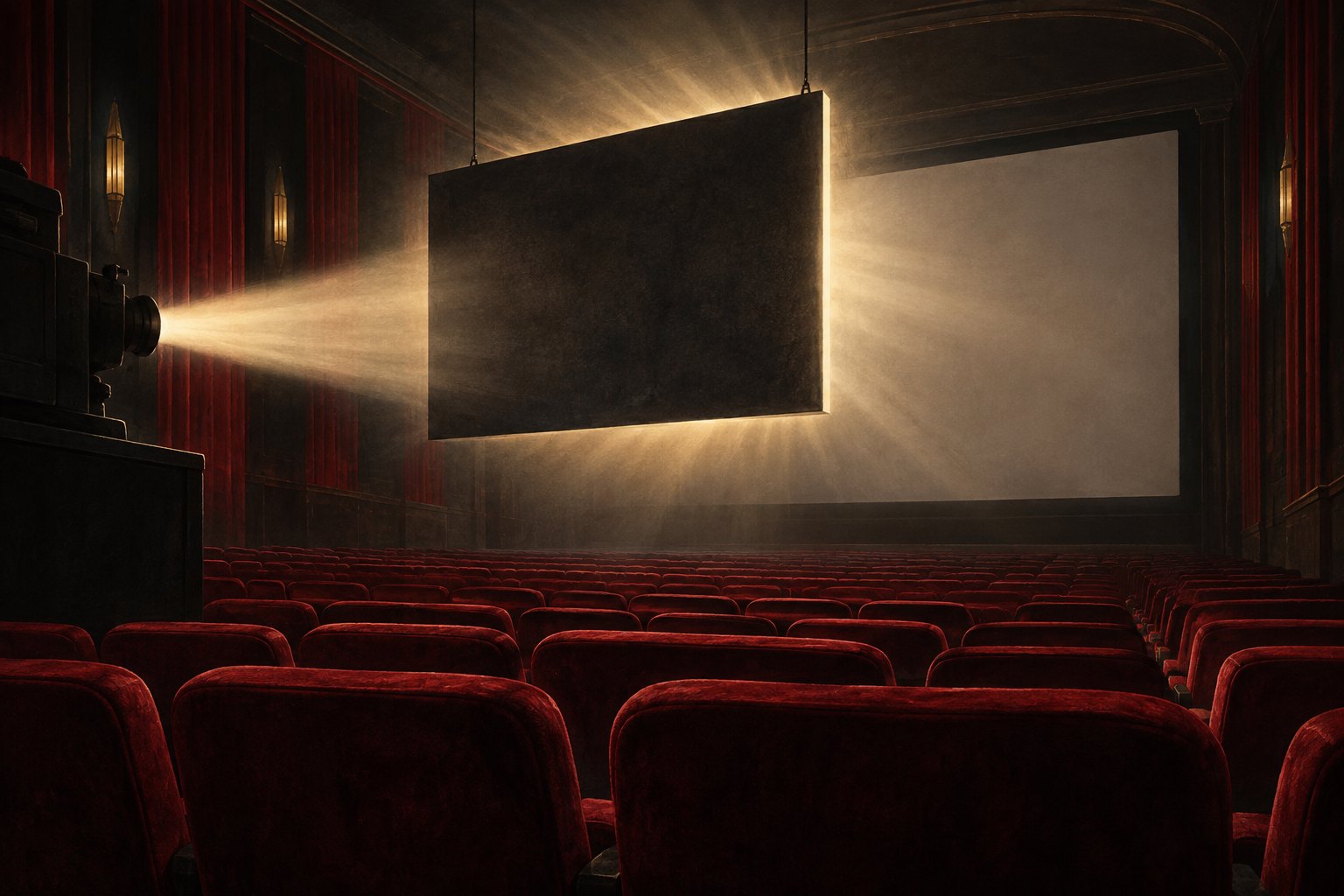 Conceptual illustration of a dark panel interrupting a projector beam above red cinema seats.