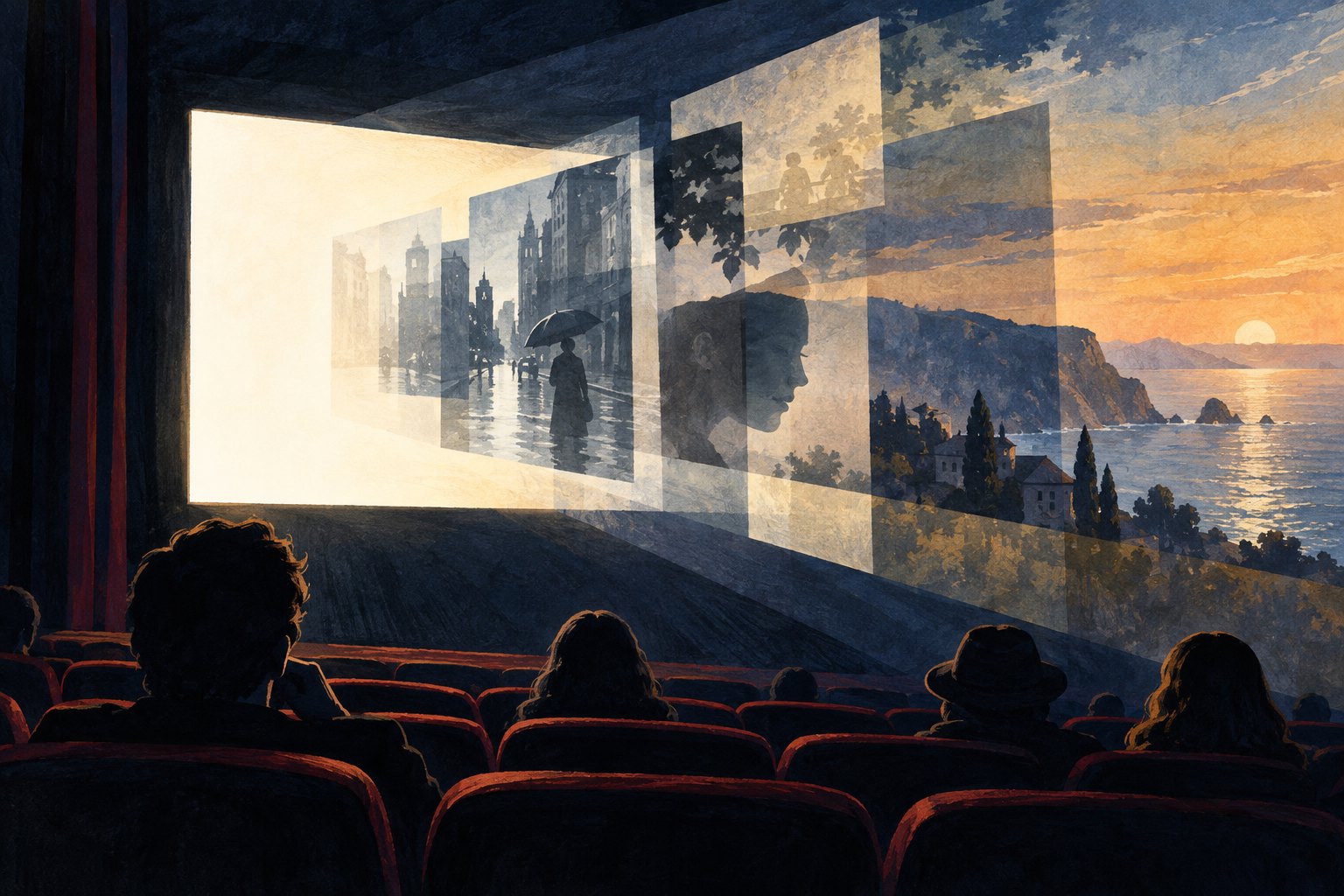 Conceptual illustration of cinema viewers facing a glowing screen layered with portraits, city scenes, and a coastal landscape.