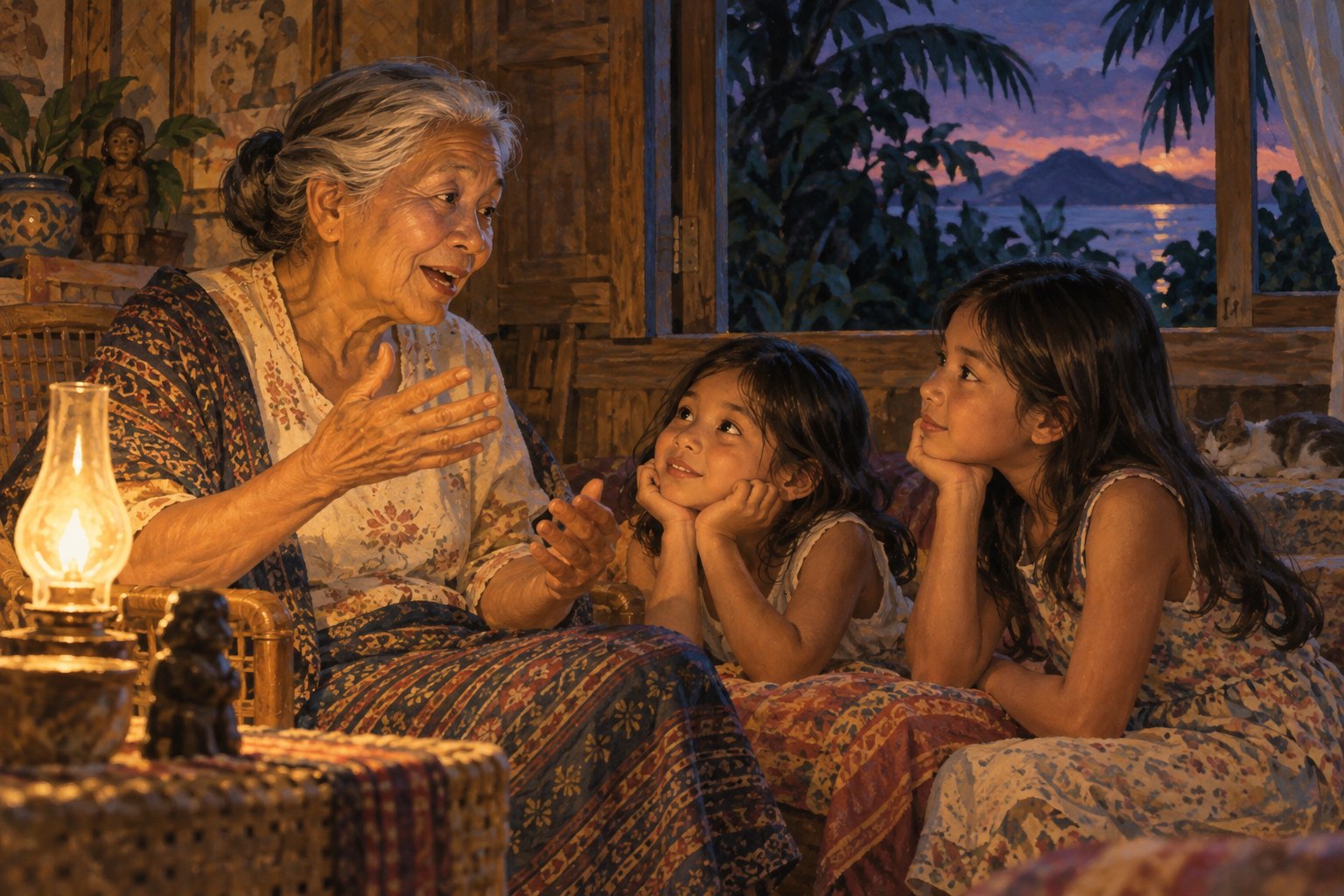 Conceptual illustration of a Filipina grandmother telling stories to two girls beside an open window at dusk.