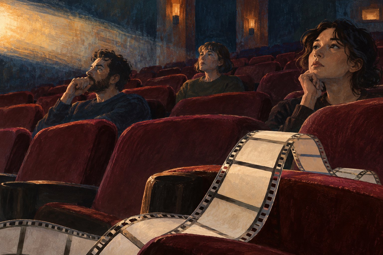 Conceptual illustration of thoughtful cinema viewers with a strip of empty film frames draped across red seats.
