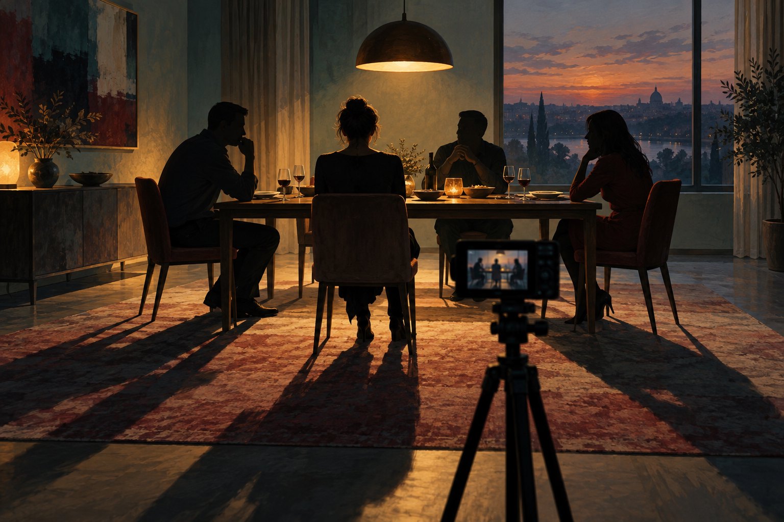 A conceptual illustration of four adults around a dining table at dusk, observed by a camera in the foreground.