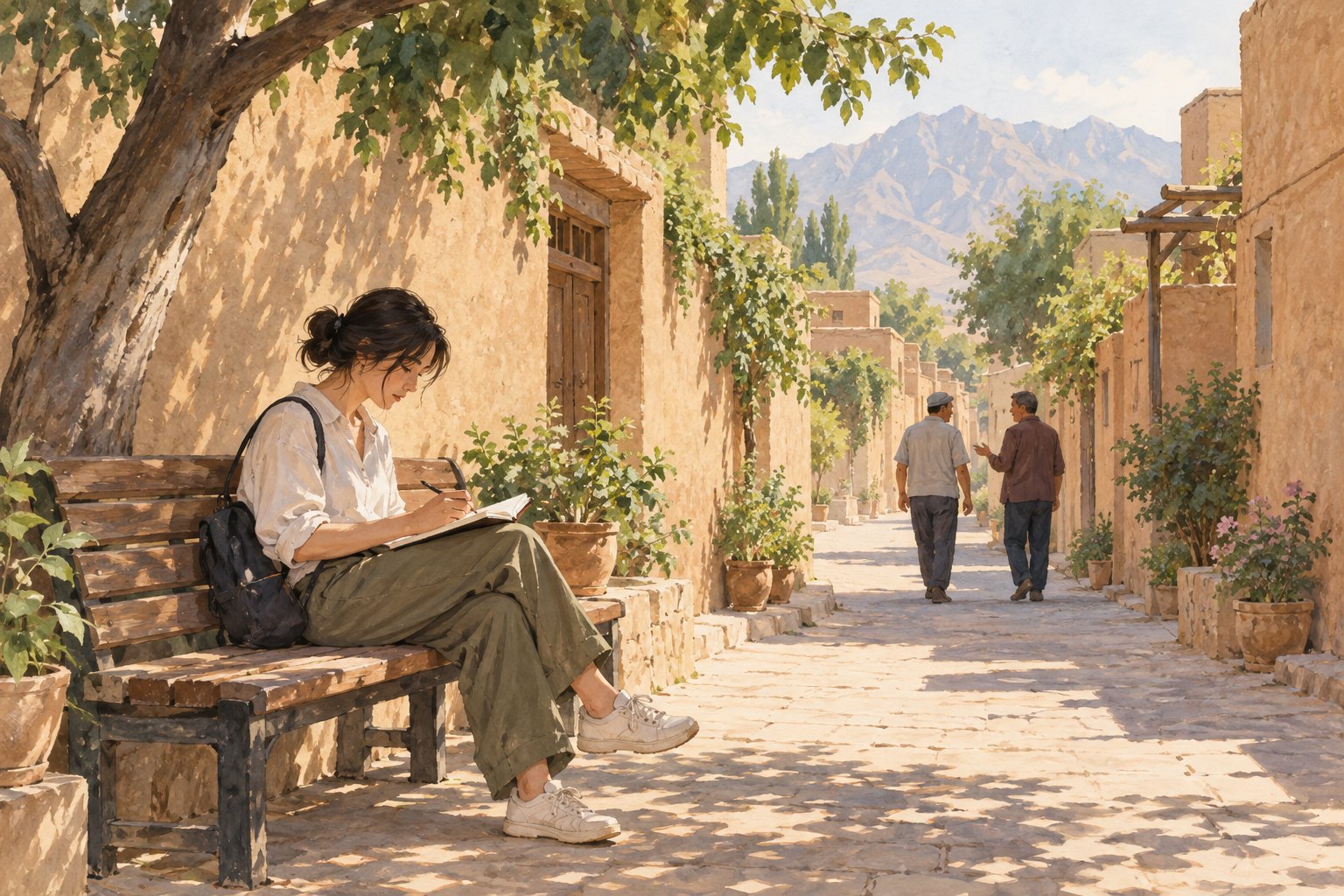 街巷观察主题插画:旅行者坐在树荫下的长椅上做笔记,两位居民沿土色院墙交谈前行