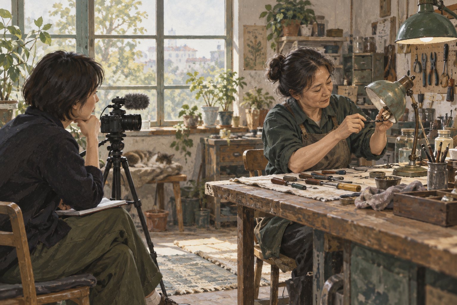 修理师在窗边工作,拍摄者坐在摄像机旁安静观察的概念插画