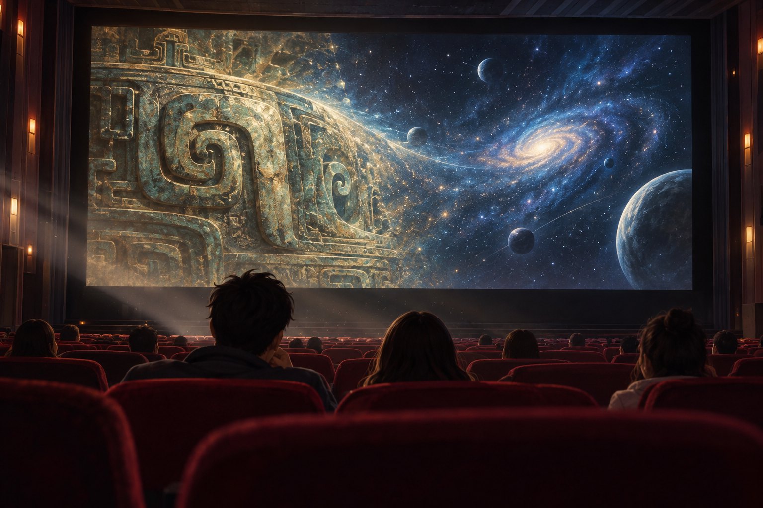 观众在影院注视青铜纹理与星空交融的银幕画面,非电影剧照