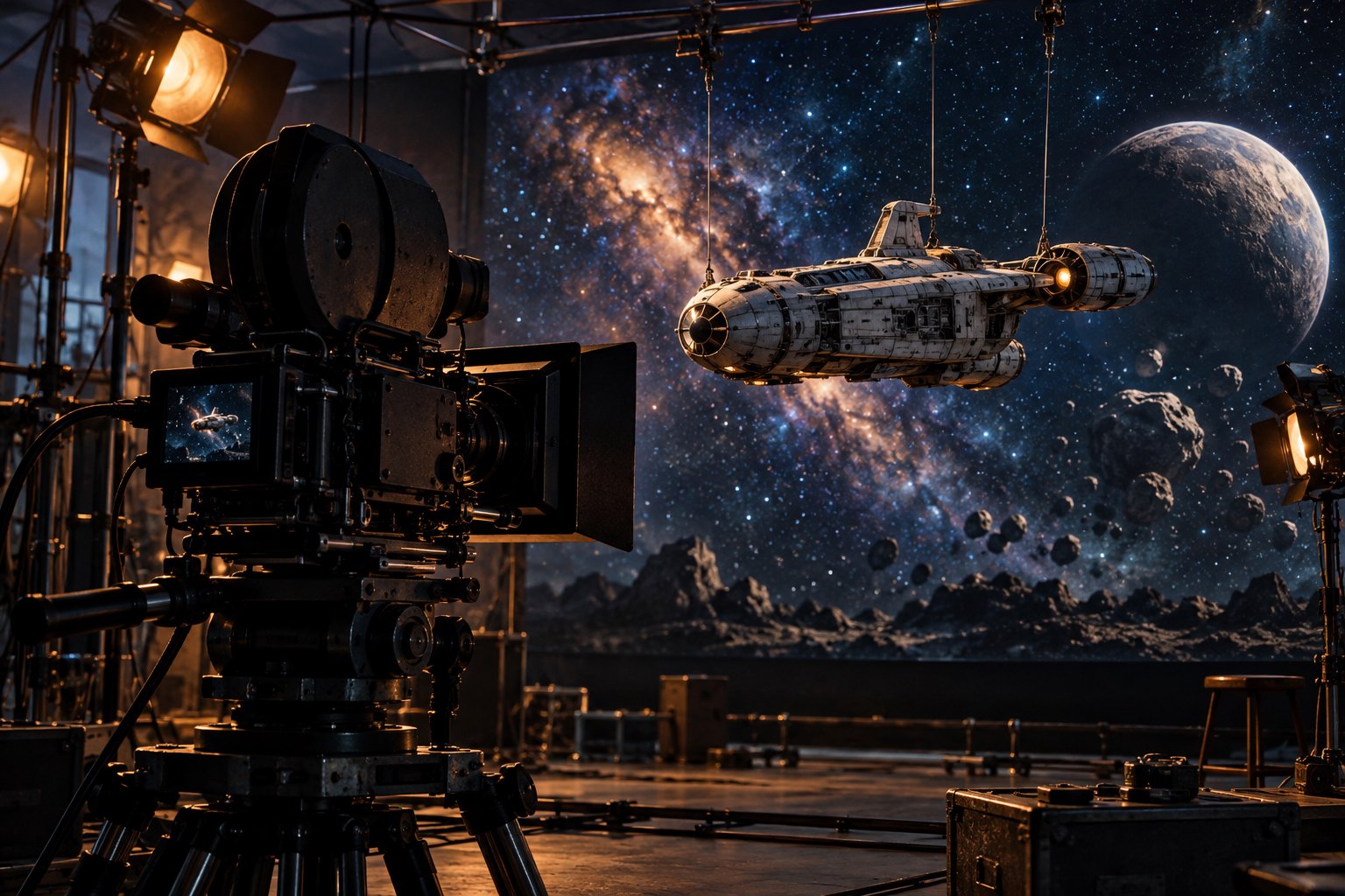 Conceptual illustration of a movie camera filming a suspended miniature spacecraft against a star-filled studio backdrop.