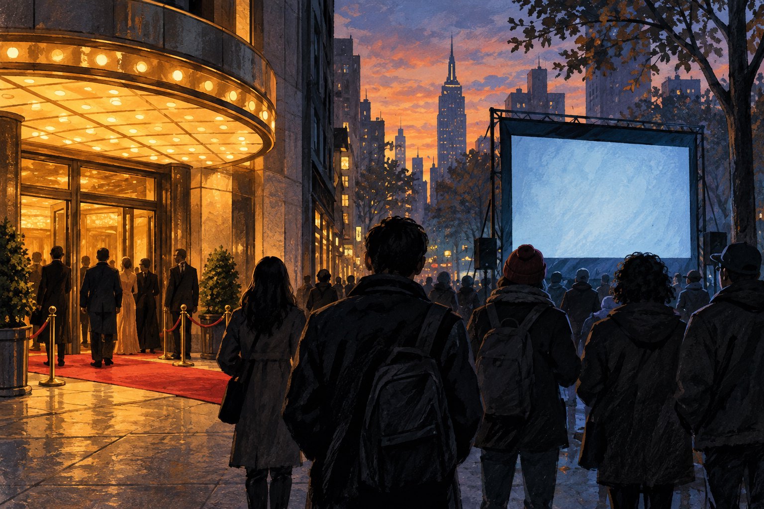 Conceptual illustration of viewers between a glowing cinema entrance and a blank outdoor screen on a New York street.