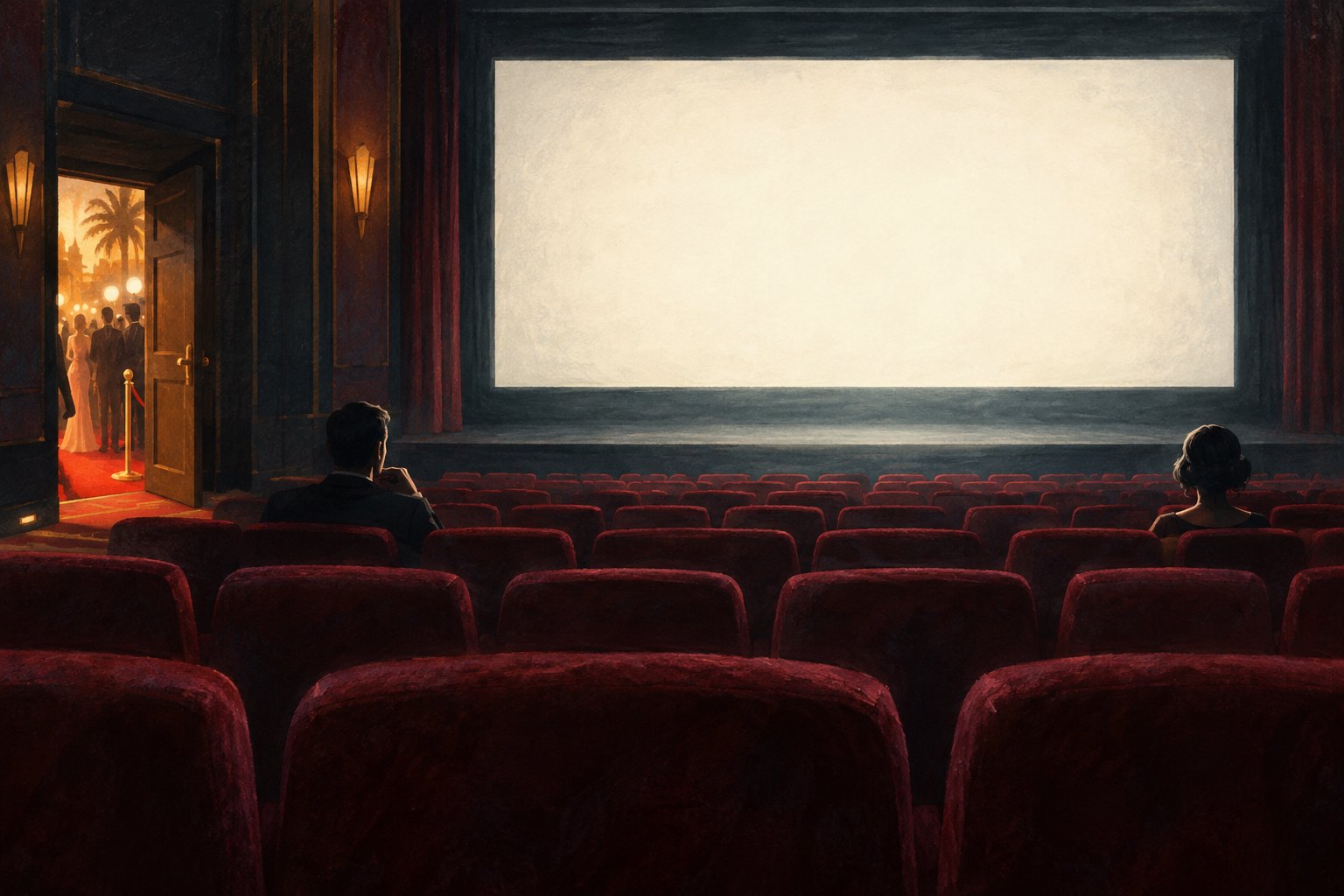 Illustration of two viewers facing a blank cinema screen while warm premiere lights shine through an open doorway.