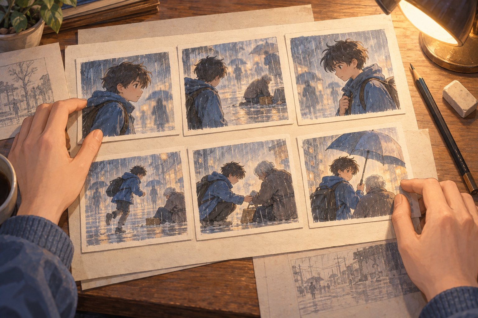 暖色台灯下，创作者整理描绘蓝衣角色雨中帮助路人的六格动画分镜