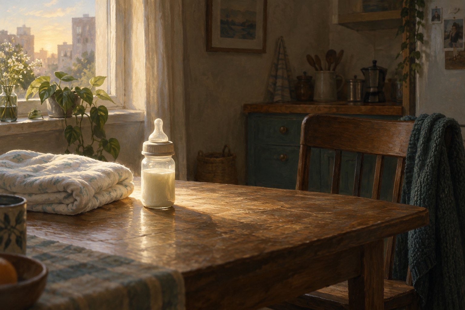 Conceptual illustration of a milk bottle and folded baby blanket on a sunlit kitchen table beside an empty chair.