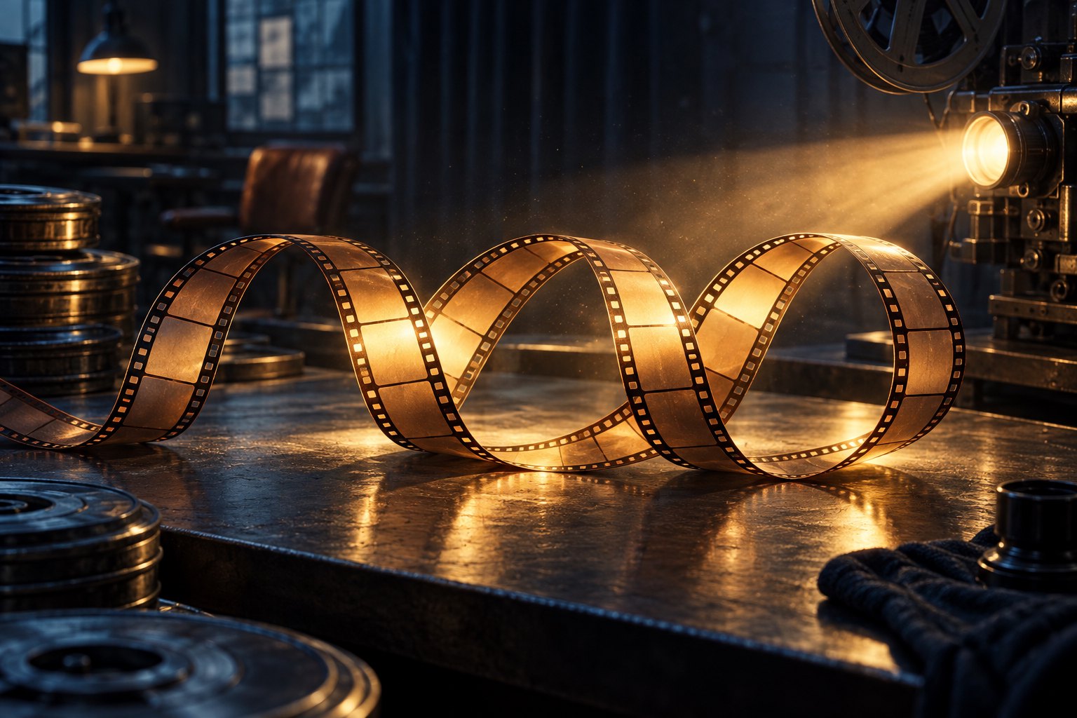 A strip of film forms three connected loops across a dark table in the warm beam of a movie projector.