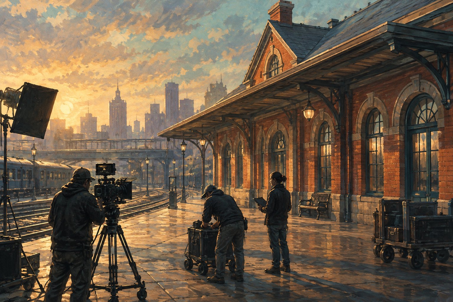 Conceptual illustration of a film crew and camera outside a historic brick railway station in warm evening light.