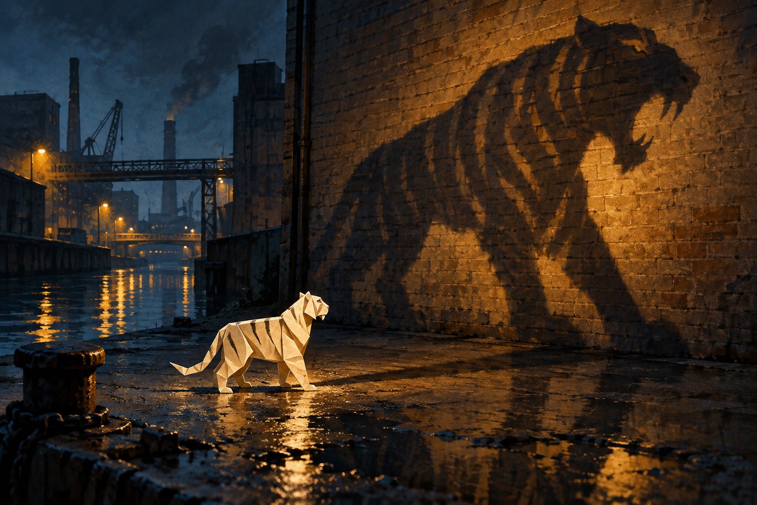 Symbolic illustration of a folded paper tiger casting an enormous shadow beside a dark industrial canal.