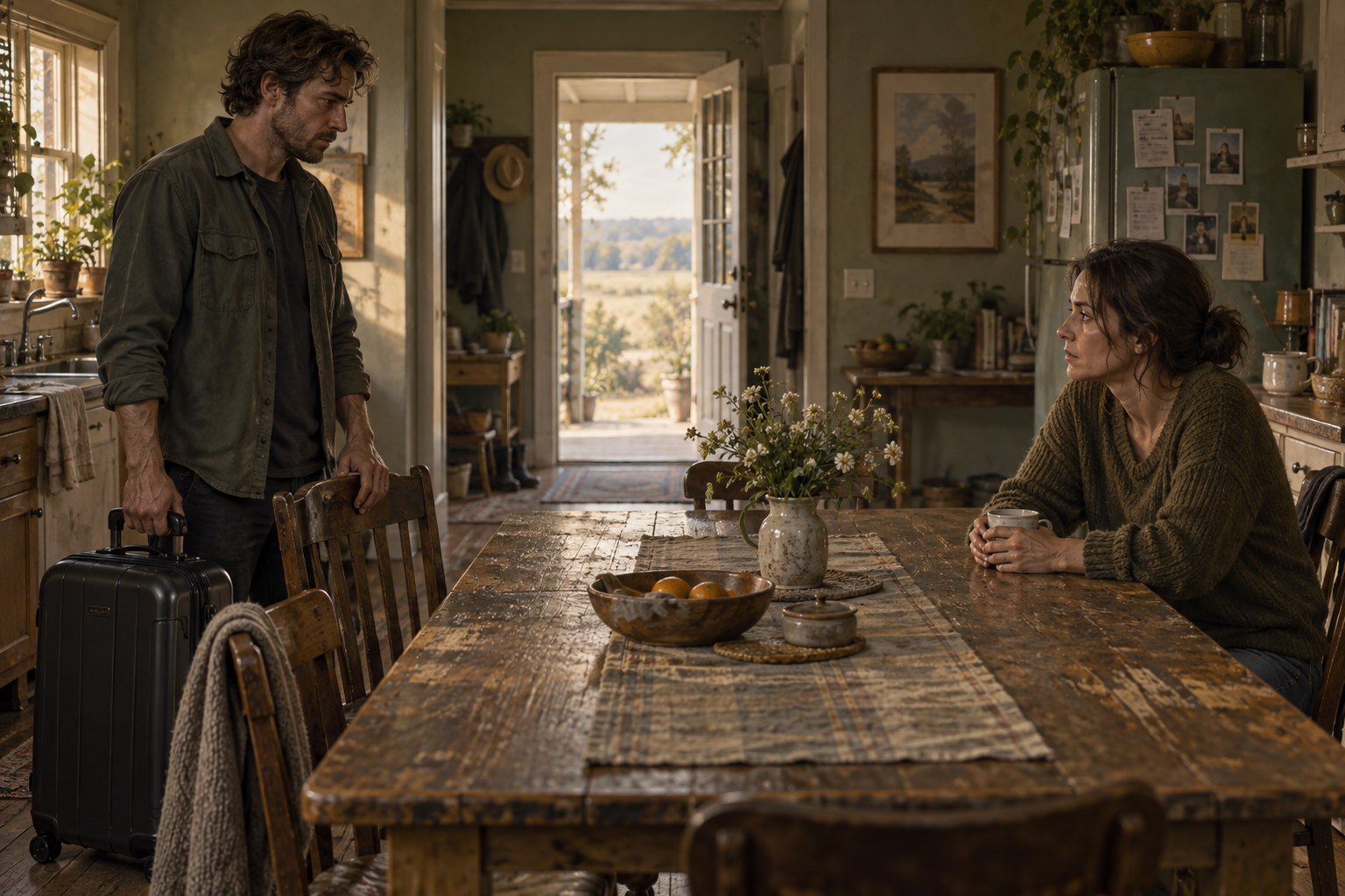 An imagined dramatic scene shows a man beside a suitcase facing a seated woman across a kitchen table.