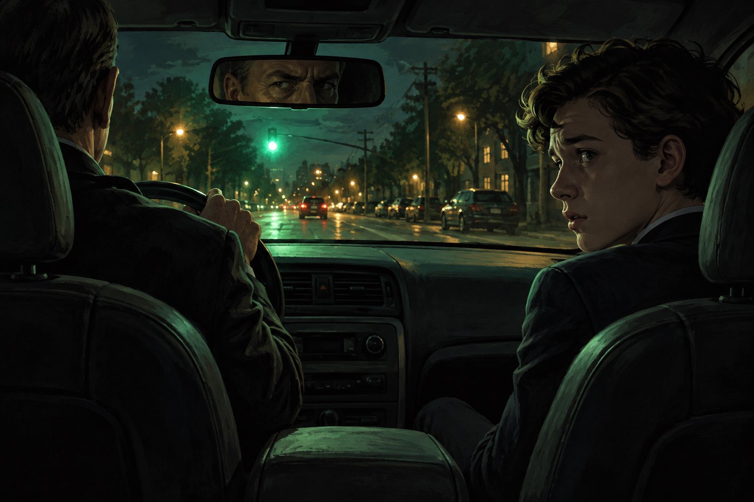 Interpretive illustration of a tense nighttime car ride, with a nervous teenage passenger and a driver's watchful eyes reflected in the mirror.
