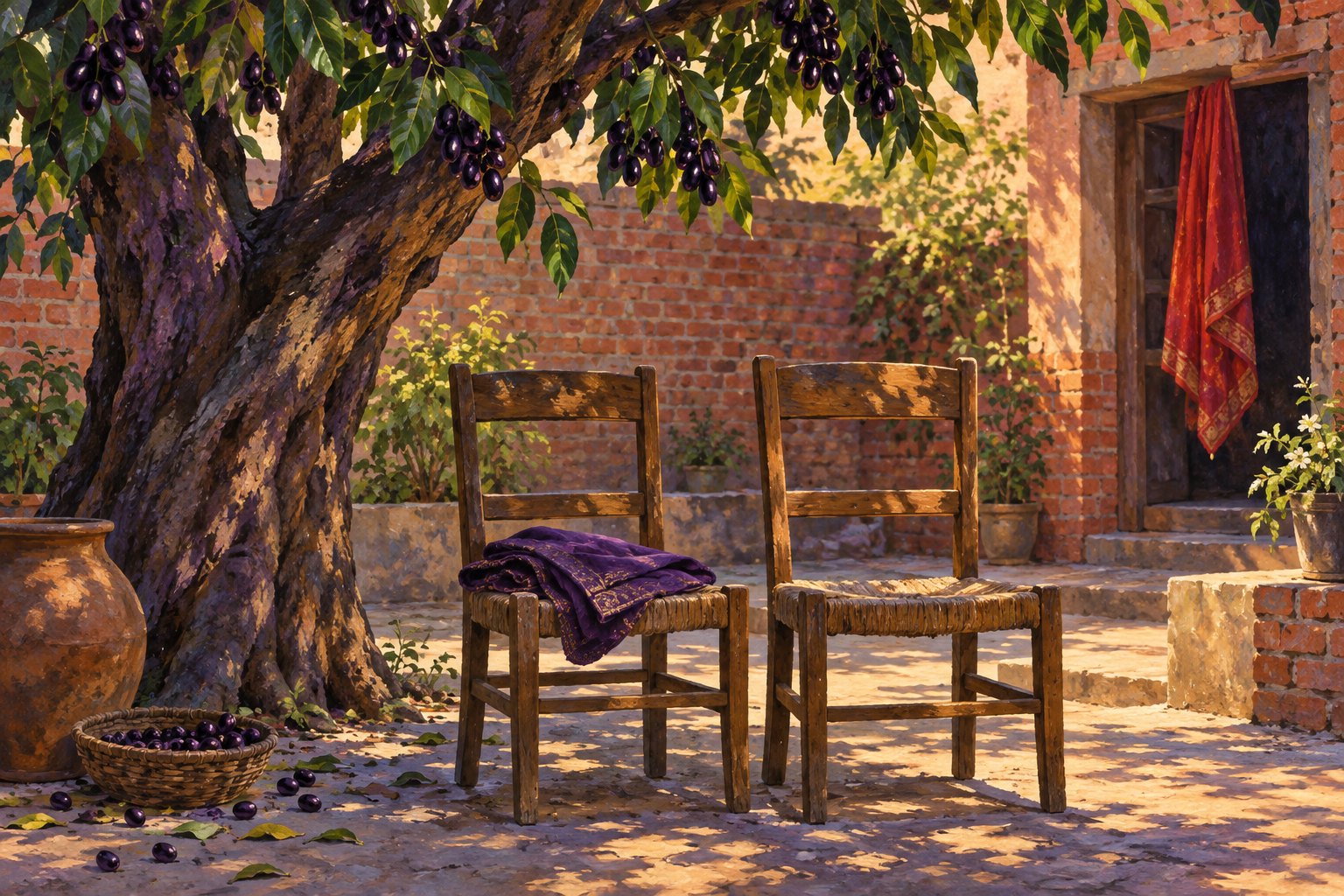 Symbolic illustration of two wooden chairs beneath a jamun tree, with purple cloth on one seat and red fabric beside a courtyard doorway.