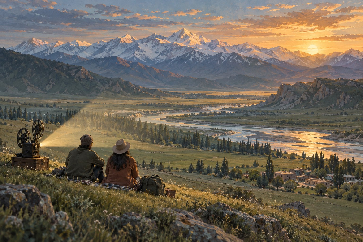 影迷慢游主题插画:两位旅行者坐在草坡上眺望夕照雪山与河谷,身旁放映机投出暖光