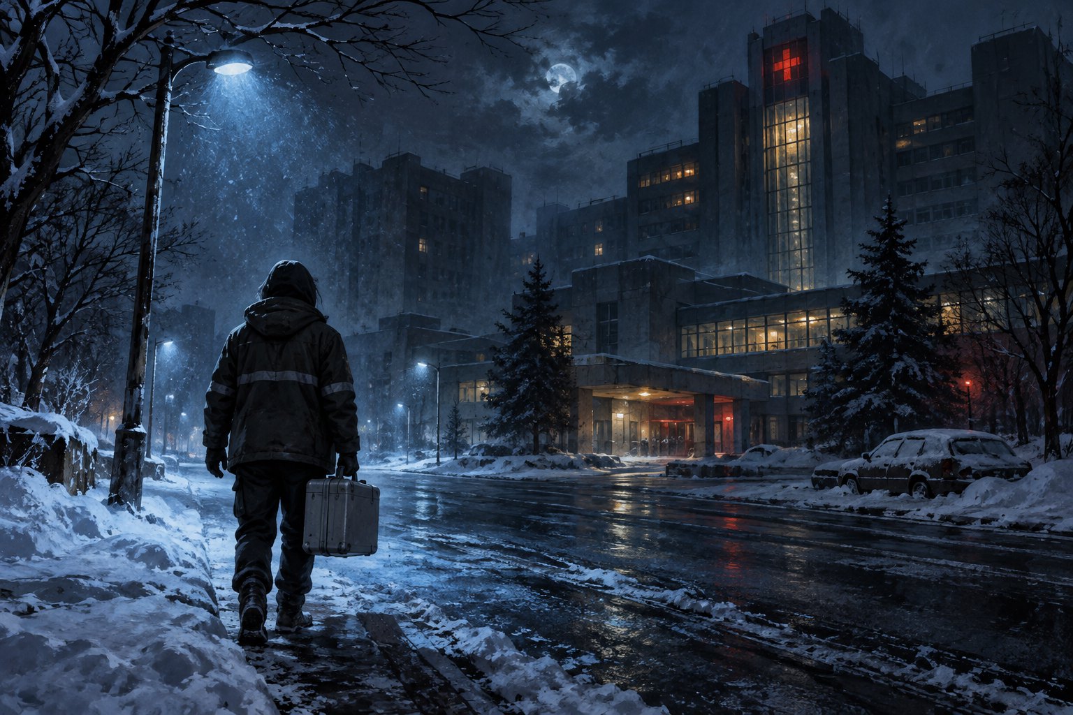 Original thematic illustration of a lone courier carrying a case through a deserted snowy city at night.
